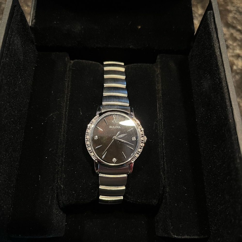 Bulova Woman’s Diamond Accent Stainless Steel Bracelet Watch 28mm 96R213.